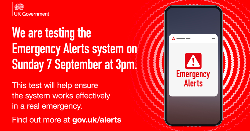 We are testing the Emergency Alerts system on Sunday 7 September at 3pm