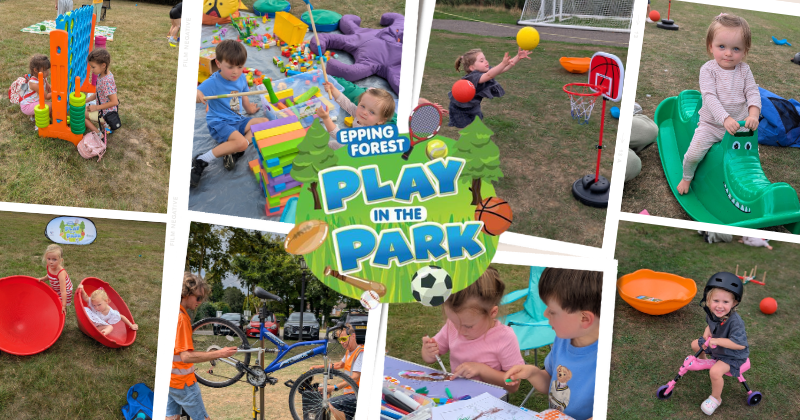 play in the park logo surrounded by images of children enjoying outdoor activities and games