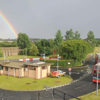 A rainbow above the North Weald Airfield gatehouse