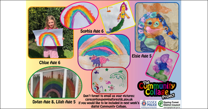 Collage of children's rainbow artwork