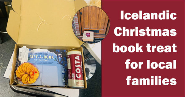 Box on the door step, inside the box in chocolate coins, iced costa coffee, book for adult and child and activity sheet