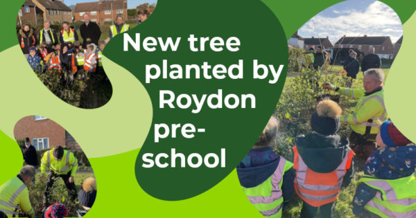 New tree planted by Roydon pre-school. Roydon pre-school children standing in their high vis jackets watching volunteers plant trees.