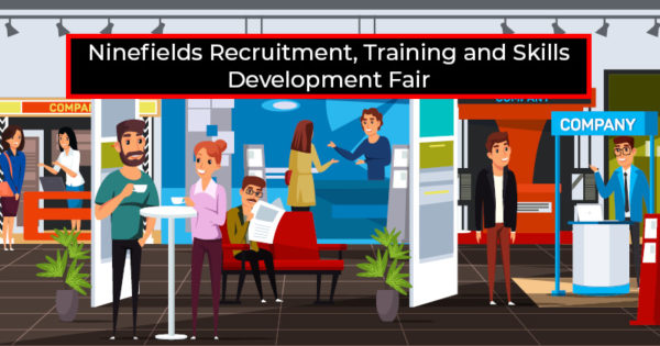 Ninefields Recruitment, Training and Skills Development Fair. Cartoon of a number of stalls and people talking