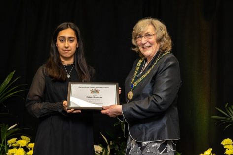 Falak Hussain, Youth Council Cup winner with the Chairman of the council. Mary Sartin