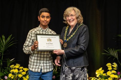 Krish Gohil, Youth Council Cup winner with the Chairman of the council, Mary Sartin