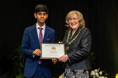 Paarth Patel, Youth Council Cup winner with the Chairman of the council, Mary Sartin 