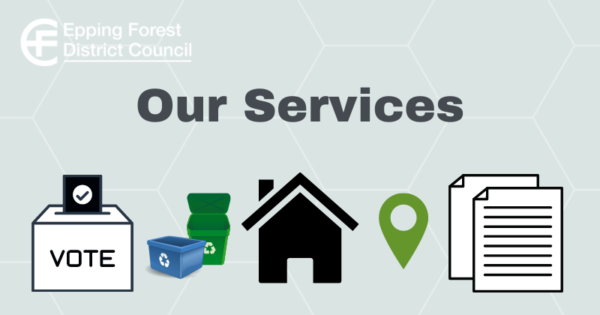 Our services - ballot box, wheelie bins, house, location point and paper with lines on