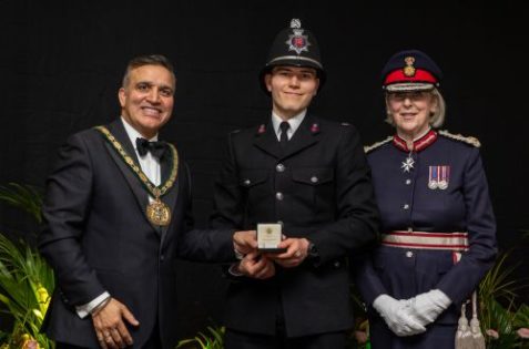 Chairman of the Council Cllr Darshan Sunger, PC Nicholas Travers and The Lord Lieutenant of Essex, Jennifer Tolhurst